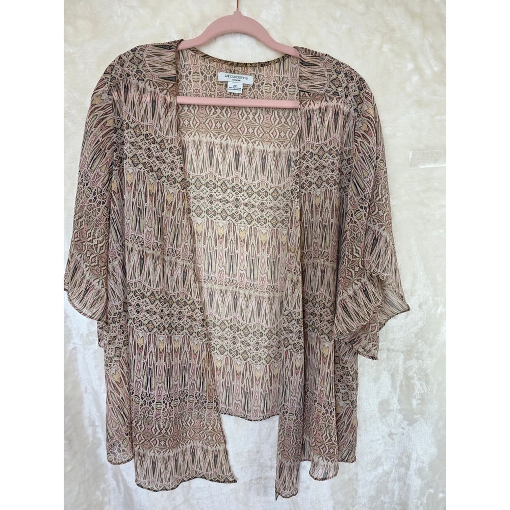 Liz Claiborne Woman 2X Sheer Geometric Tribal Print Kimono Pink Tan